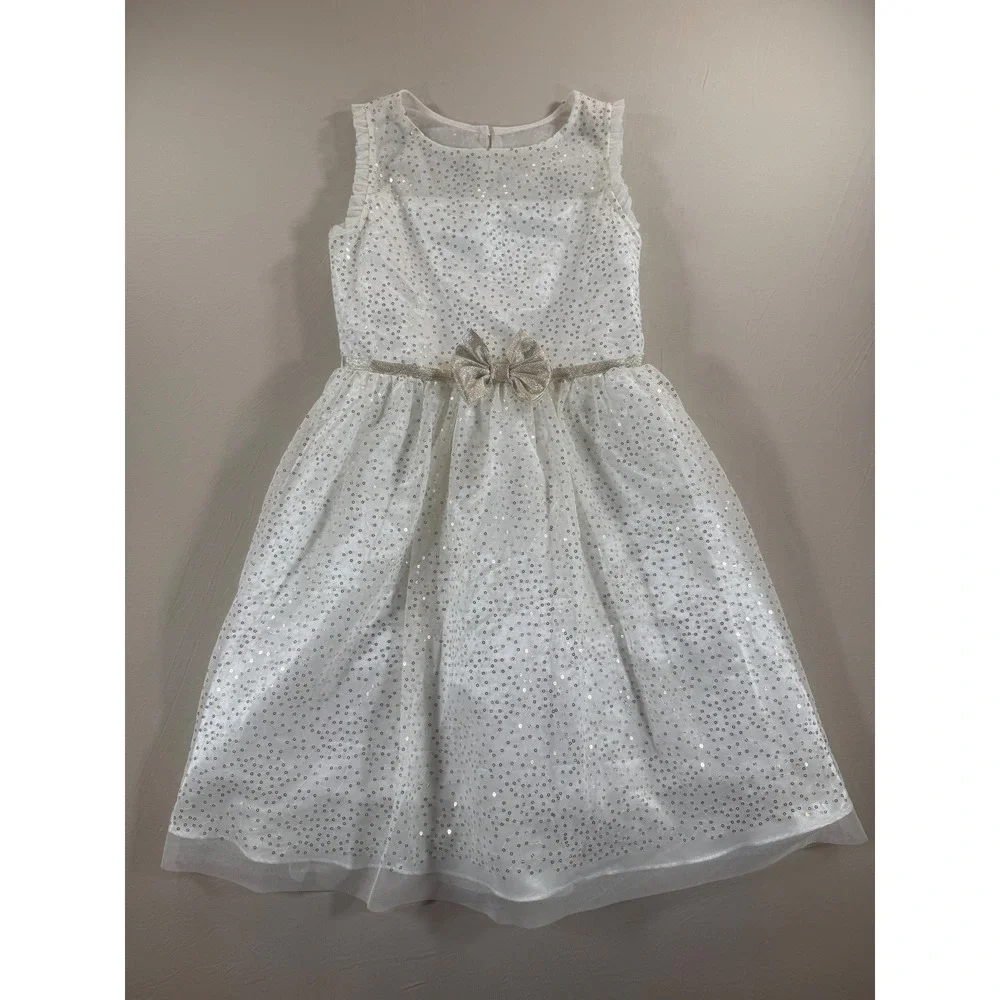 Jona Michelle Girls Sequin Party Dress with Faux Fur Bolero Shrug White Size 12‎